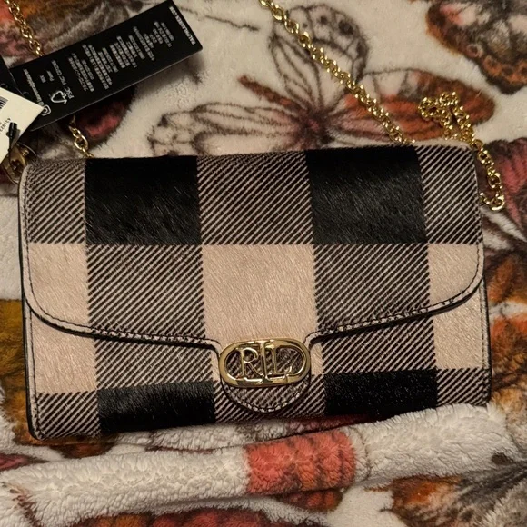 Ralph Lauren Black and Cream Plaid Crossbody Buffalo check hair on hide wallet - Picture 13 of 15